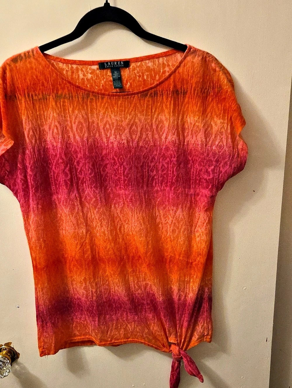 Lauren Ralph Lauren Abstract Short Sleeve Top Orange Pink Size Medium